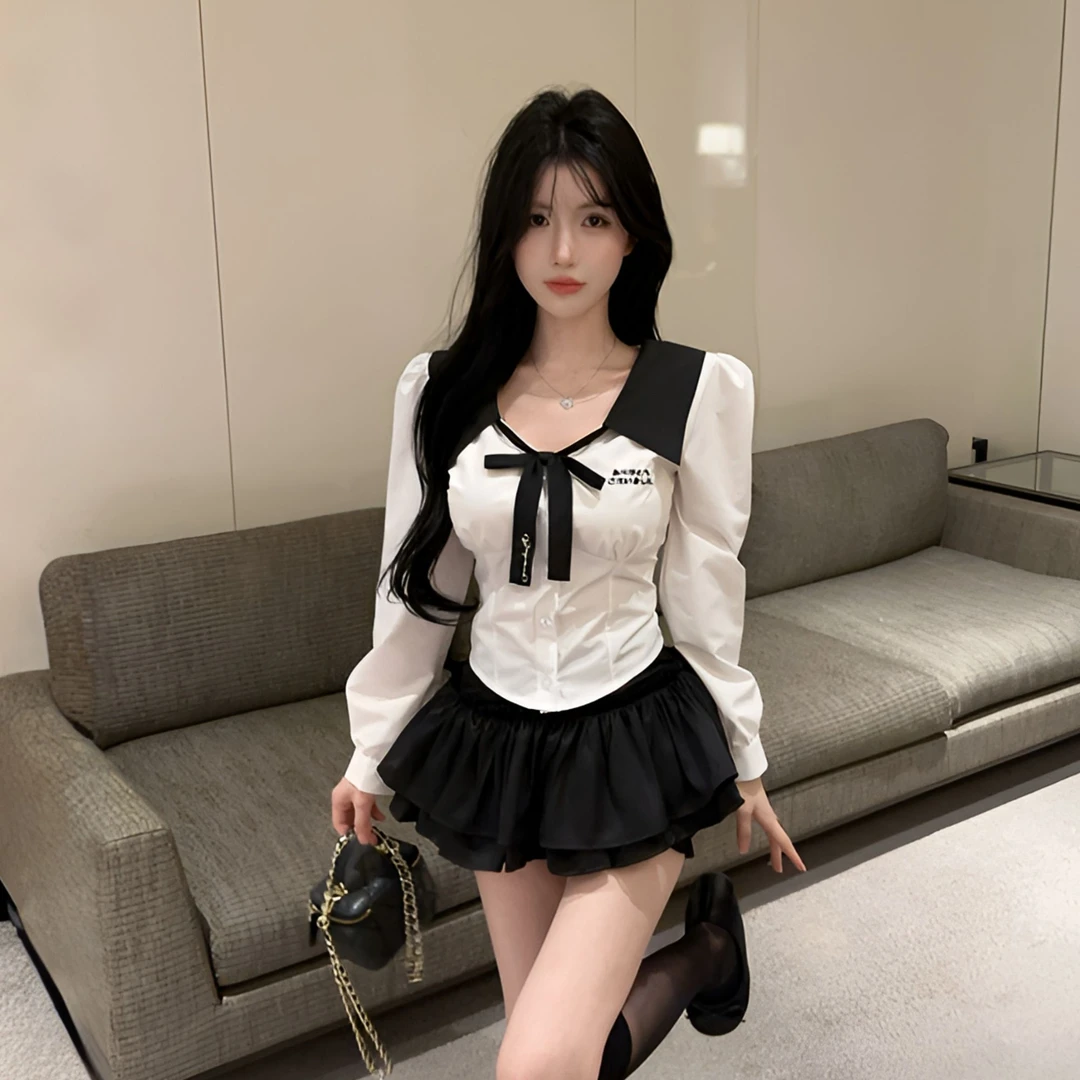 蓝色学院风高腰蓬蓬裙jk套装秋季收腰显瘦长袖衬衫韩系制服两件套