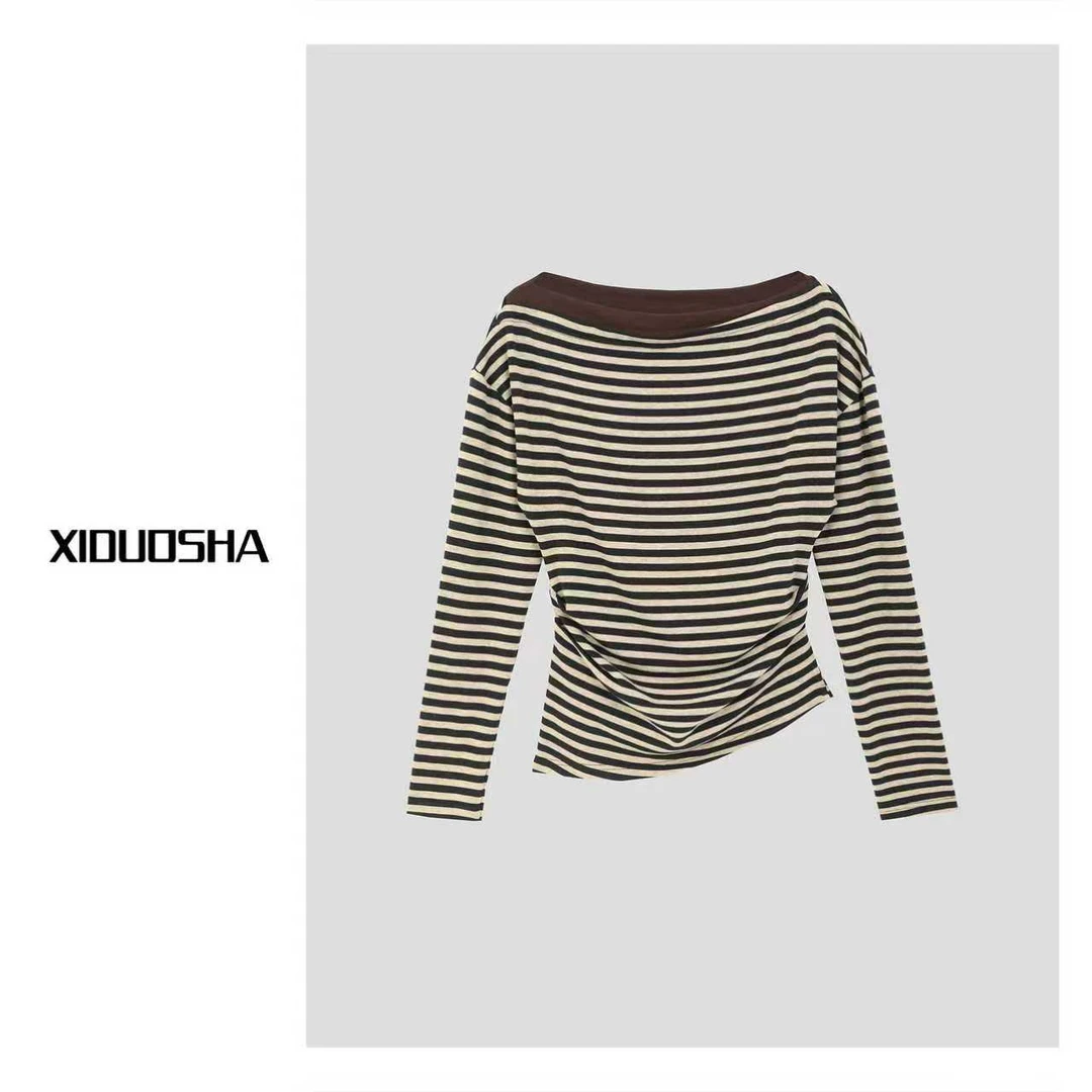 XIDUOSHA/喜朵莎 设计款斜肩条纹显瘦上衣 XDS1587