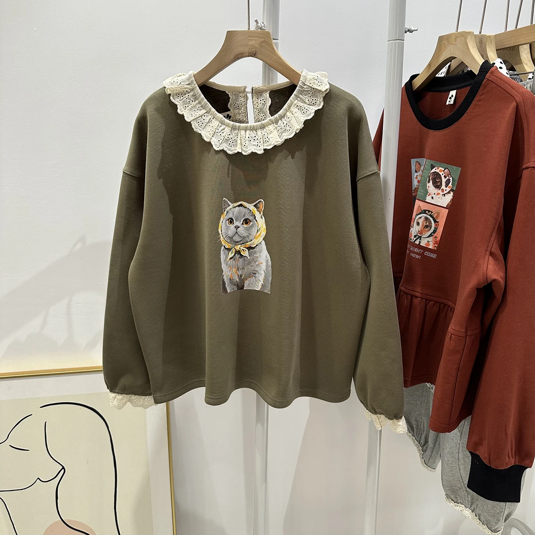 秋冬款加绒加厚圆领拼接木耳边蕾丝花边百搭减龄打底衫T恤上衣