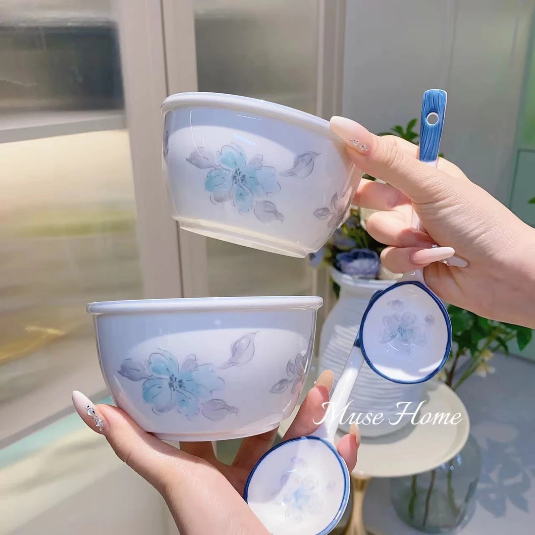 青蘅染黛陶瓷米饭碗手绘釉下彩餐具家用饭碗4.5英寸2碗2勺