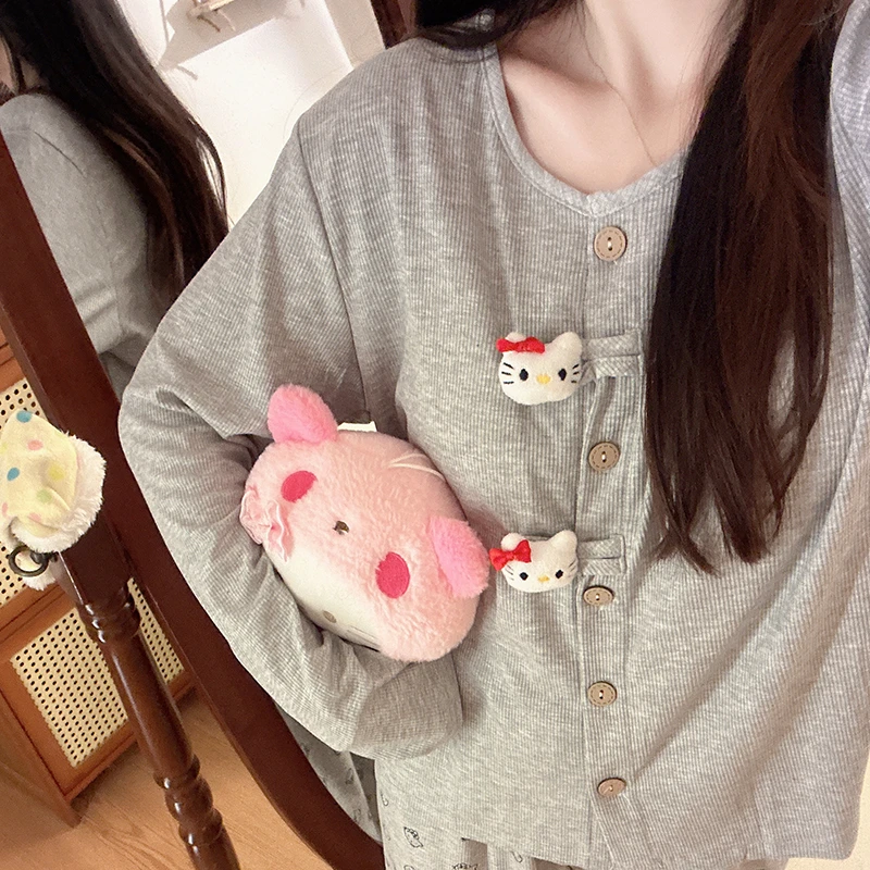 日系可爱深灰立体kitty睡衣少女带胸垫秋冬季长袖学生家居服套装