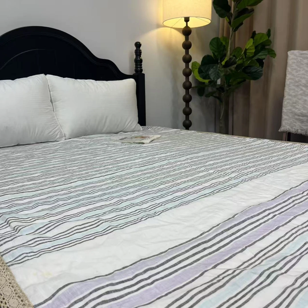 【单人蓝条纹盖毯】21支精梳汉麻单人条纹床单盖毯150*200