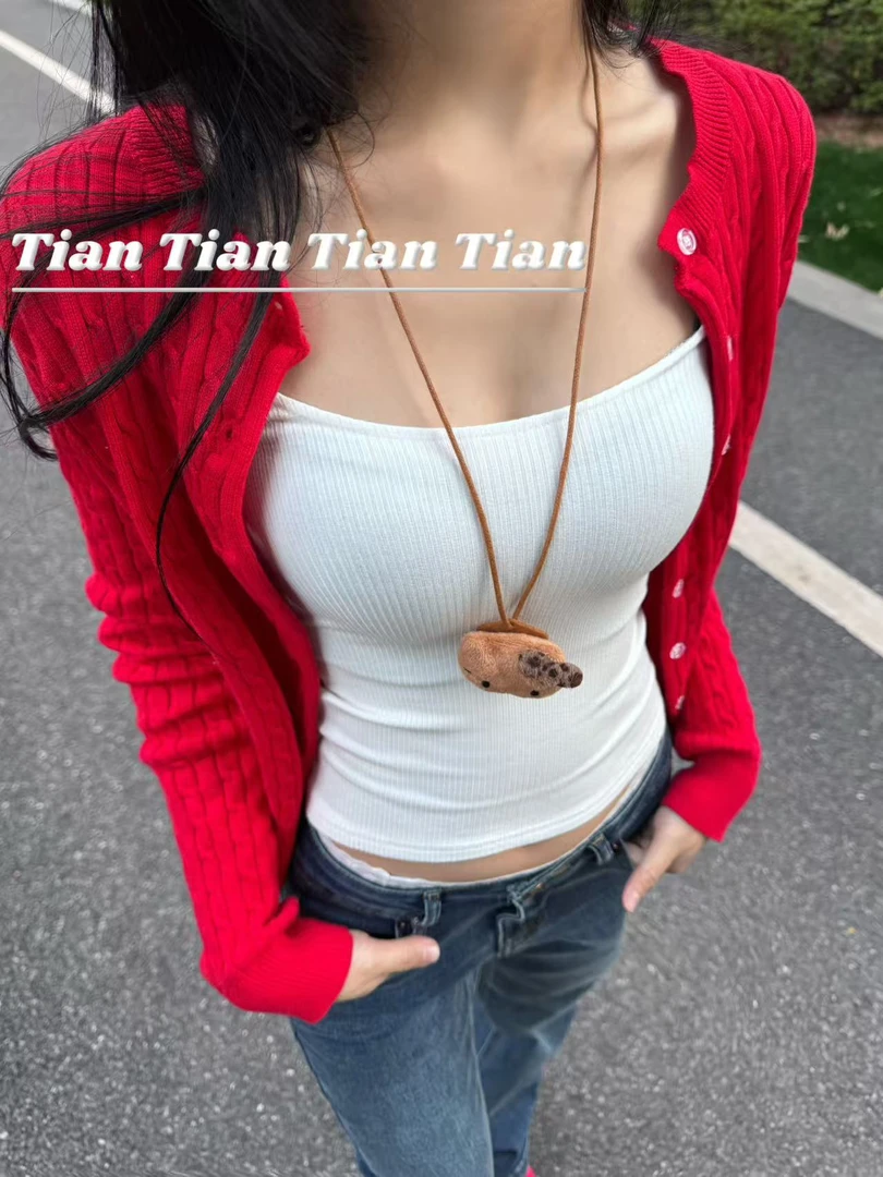 Tian简约纯色显白显瘦气质设计感针织毛衣开衫短上衣