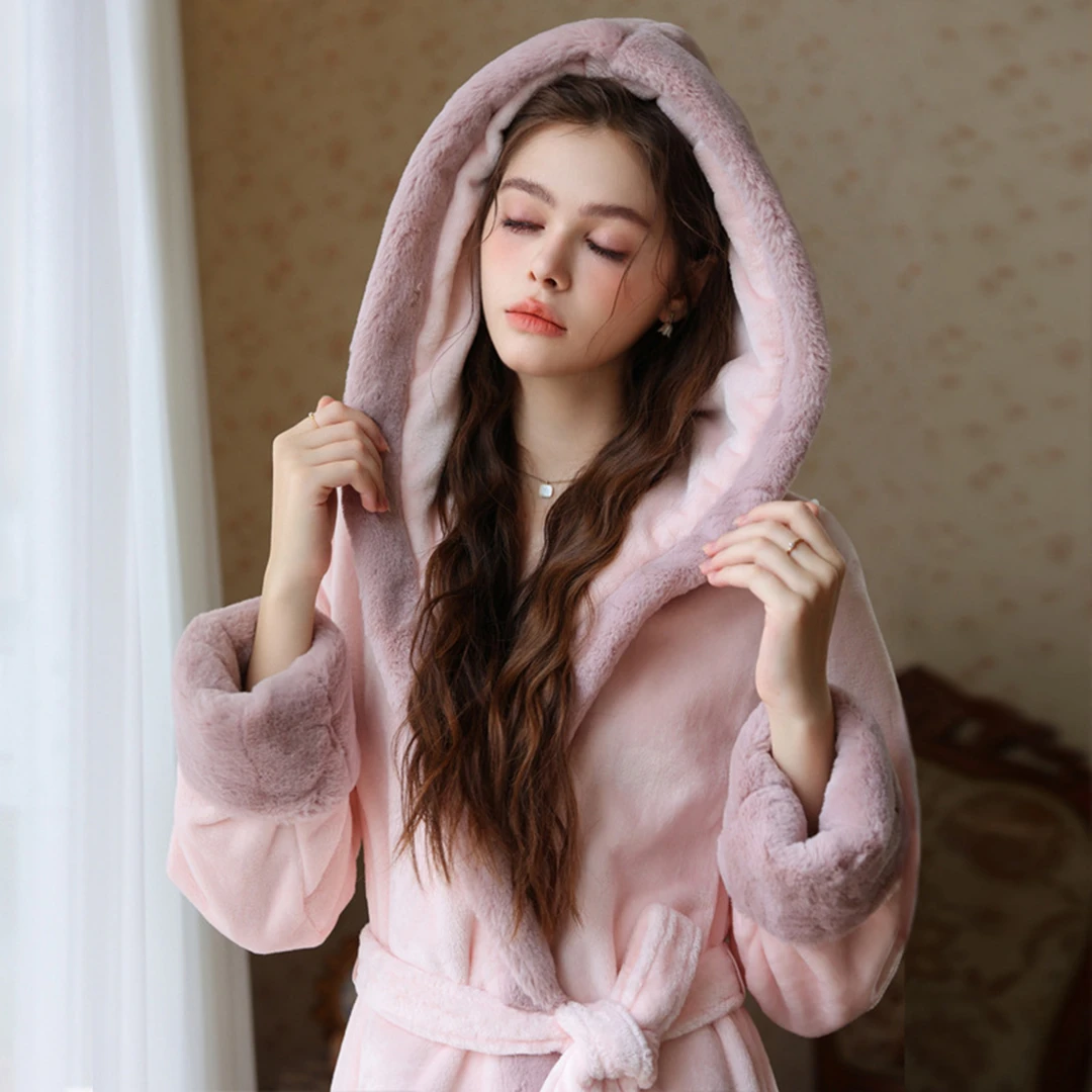 约蒂宾弗珊瑚绒睡衣女冬季加厚长袖长款法式系腰带宫廷风连帽睡袍