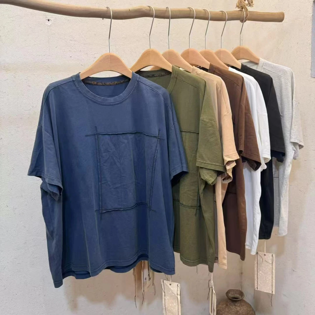 忆古朴拙补丁短袖撞色线T241217