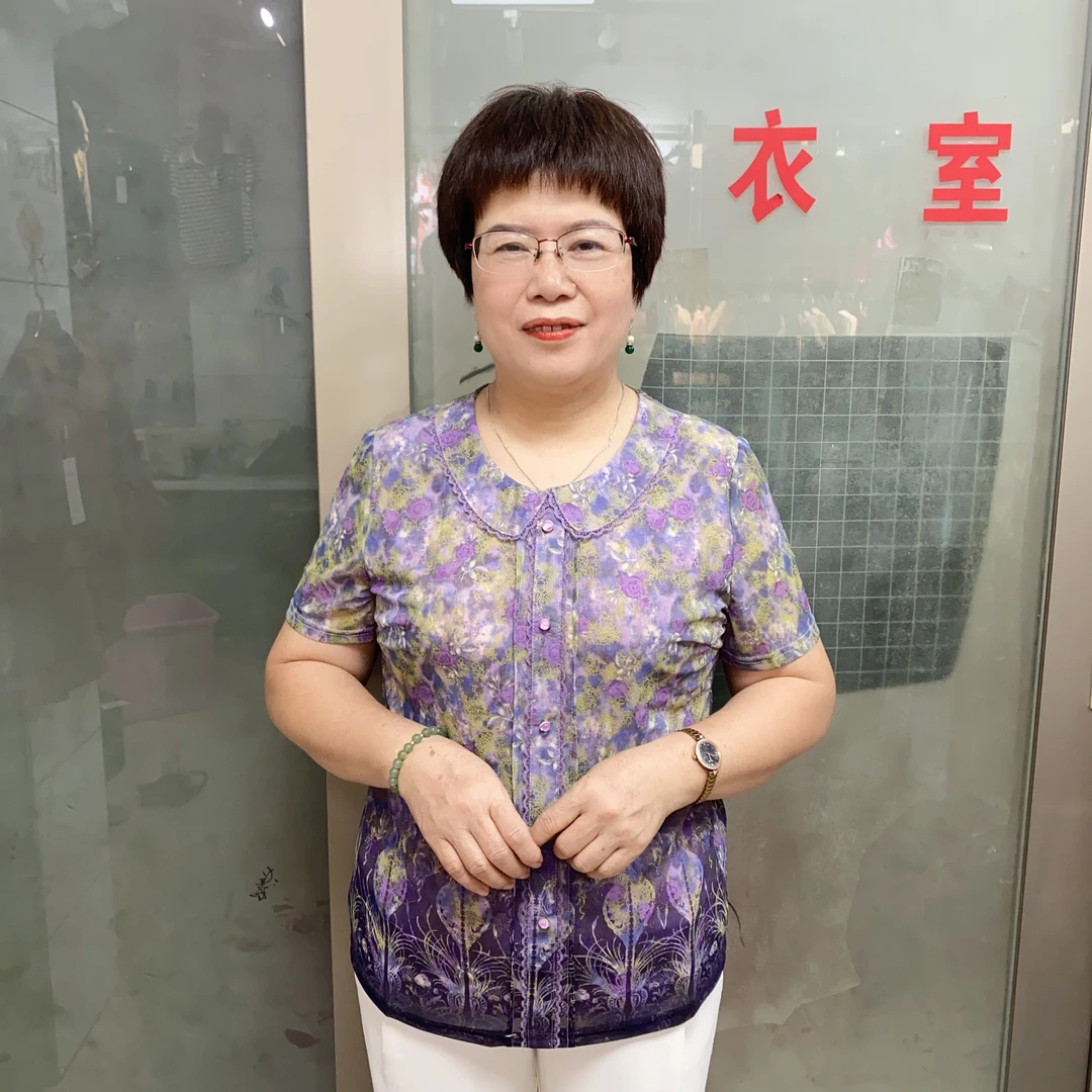 夏季中老年女装网纱短袖翻领修身上衣时尚洋气透气
