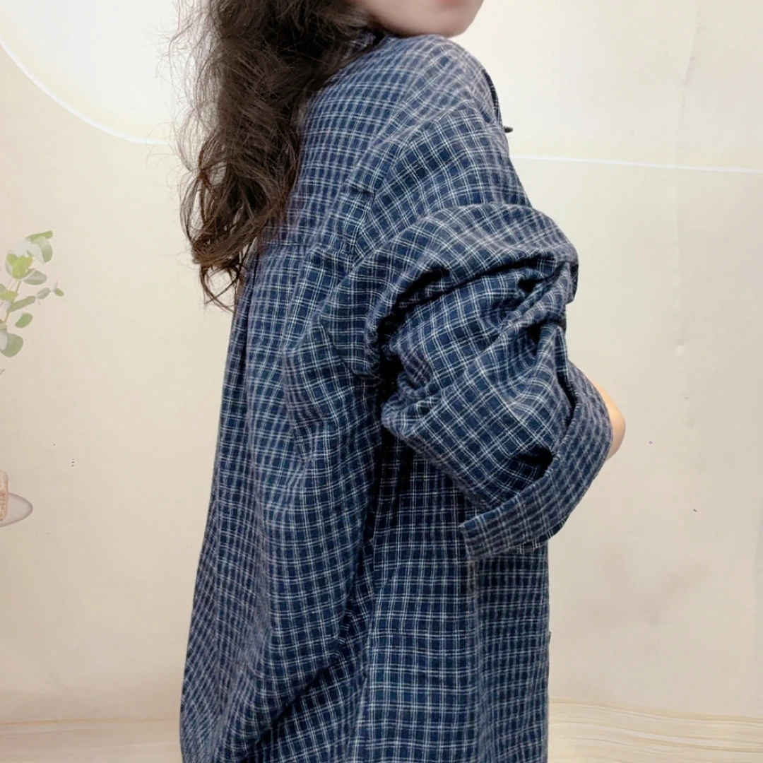 复古法式格子衬衫女宽松纯棉衬衫百搭显瘦休闲春秋格纹／藏青小格