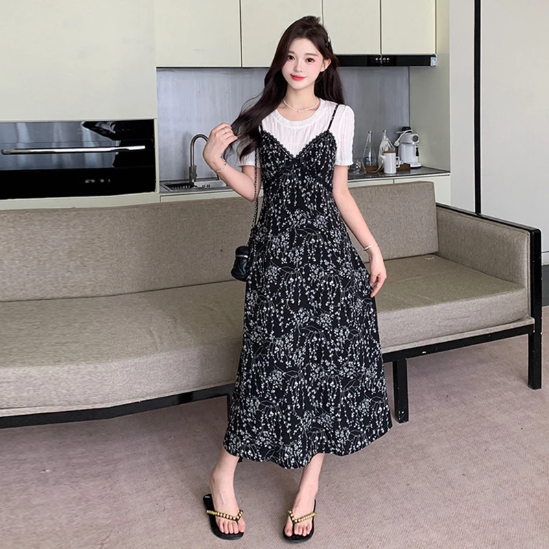 法式独特碎花连衣裙女2025夏季爆款大码胖mm吊带裙温柔中长款裙子