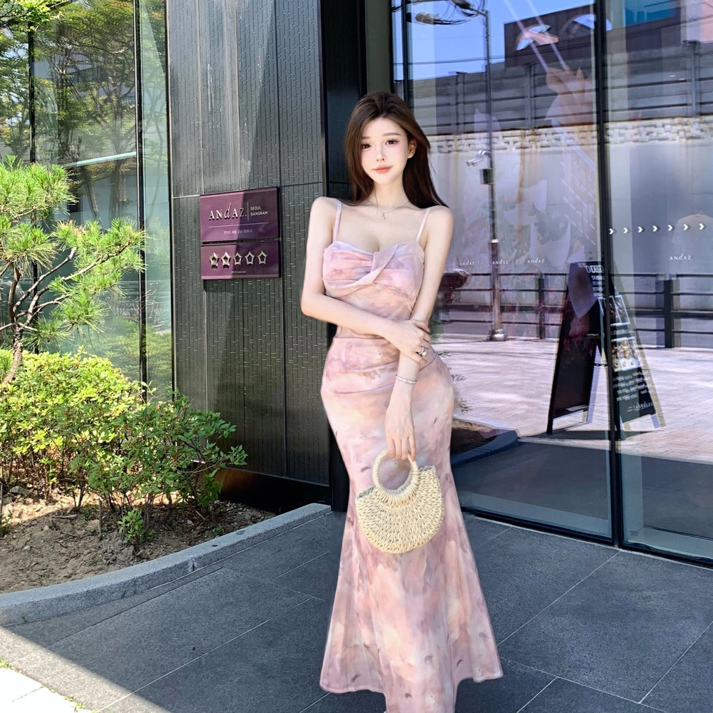 纯欲碎花荡领气质晕染性感绝美长款吊带连衣裙女装禅意仙气飘飘