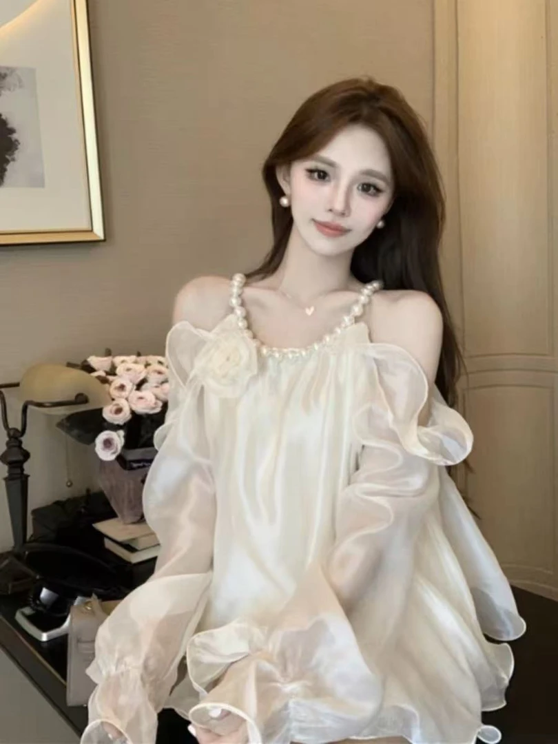 岩岩家6661荷叶边衬衫女新款法式挂脖上衣宫廷风一字肩雪纺衬衣