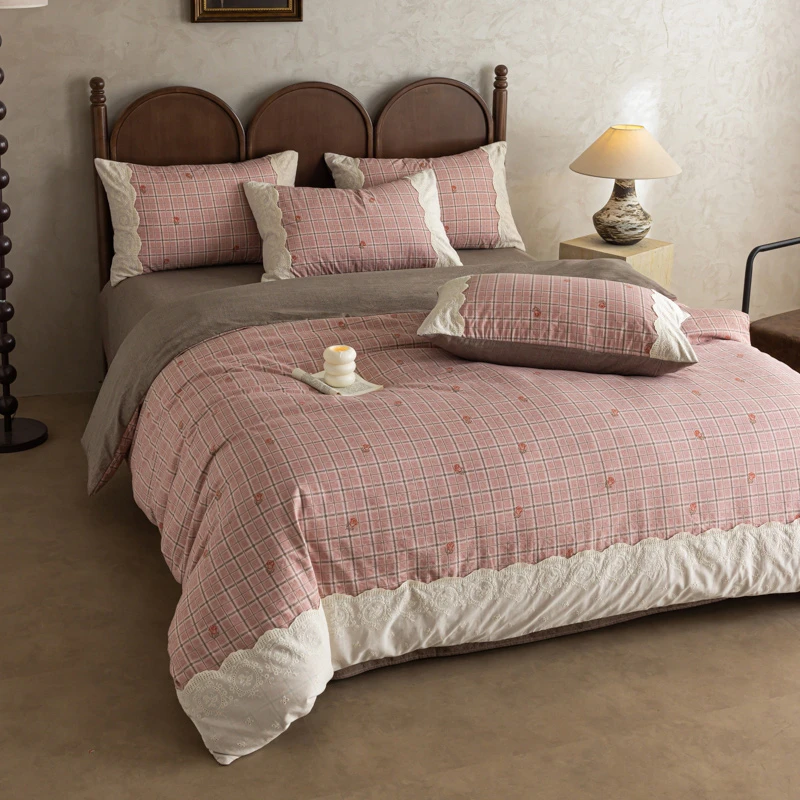 新品法式复古色织水洗棉麻皱皱纱四件套家用床品加厚花边被套