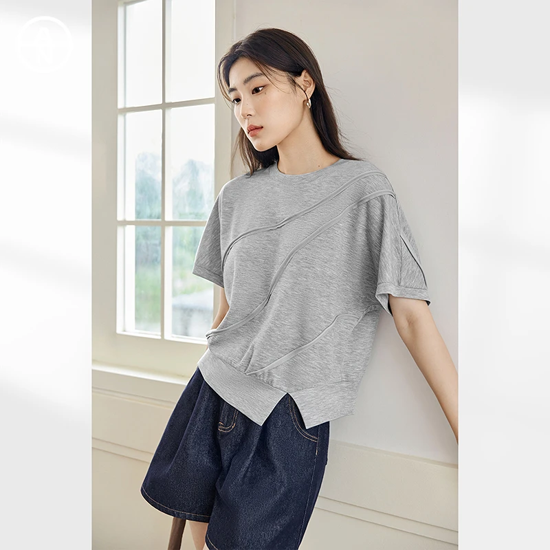 AN大码女装【空气T】设计感圆领短袖T恤夏季胖mm显瘦灰色体恤上衣