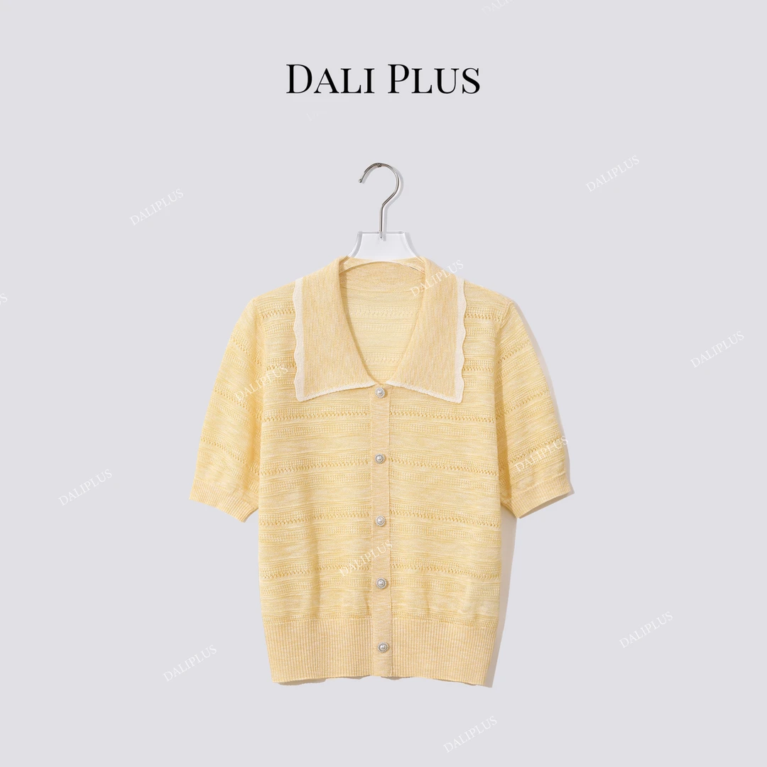 DALI PLUS“超细冰丝竹节麻”撞色白边波浪翻领针织短袖-D5QX0022