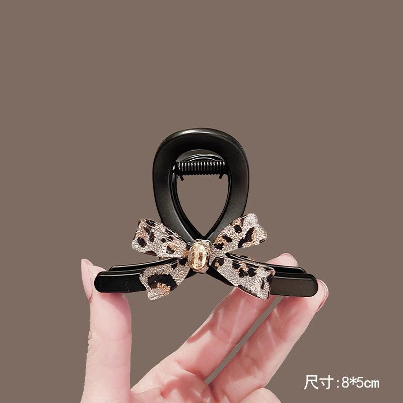 设计感豹纹蝴蝶结气质发夹女时尚抓夹后脑勺半扎发卡鲨鱼夹子