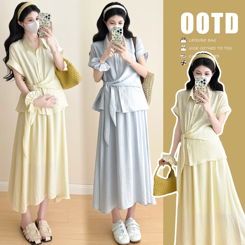 孕妇装夏装短袖衬衫上衣孕期设计感半身裙洋气套装休闲显瘦两件套