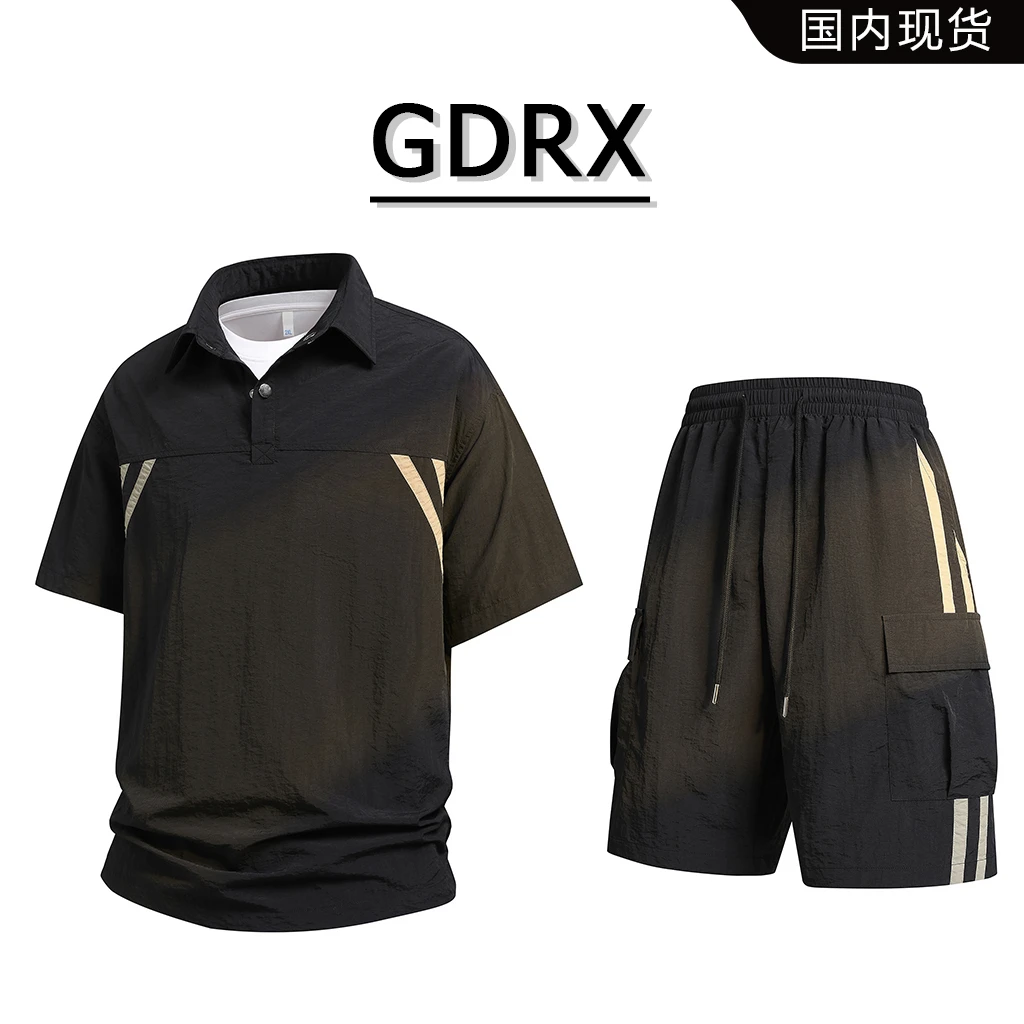 GDRX美式翻领男士休闲套装2025夏季新款撞色拼接短袖上衣工装裤子