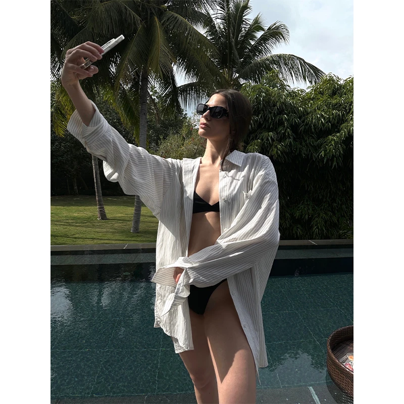 0122stepll 海盐特调 条纹长袖衬衫女春新款宽松慵懒通勤翻领衬衣