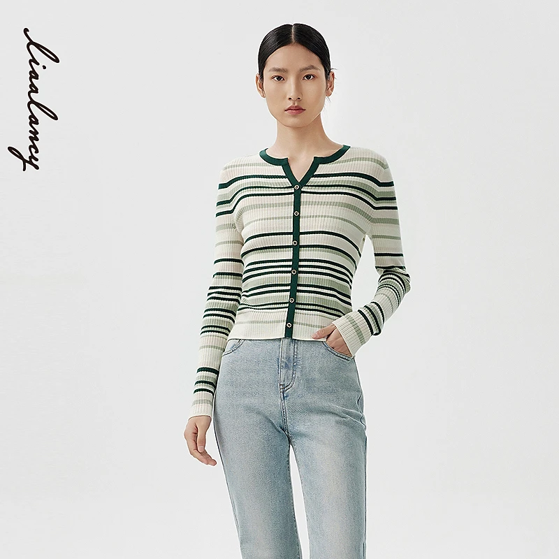 LANCY/朗姿2024春季新款长袖修身条纹羊毛针织衫女薄款气质短上衣