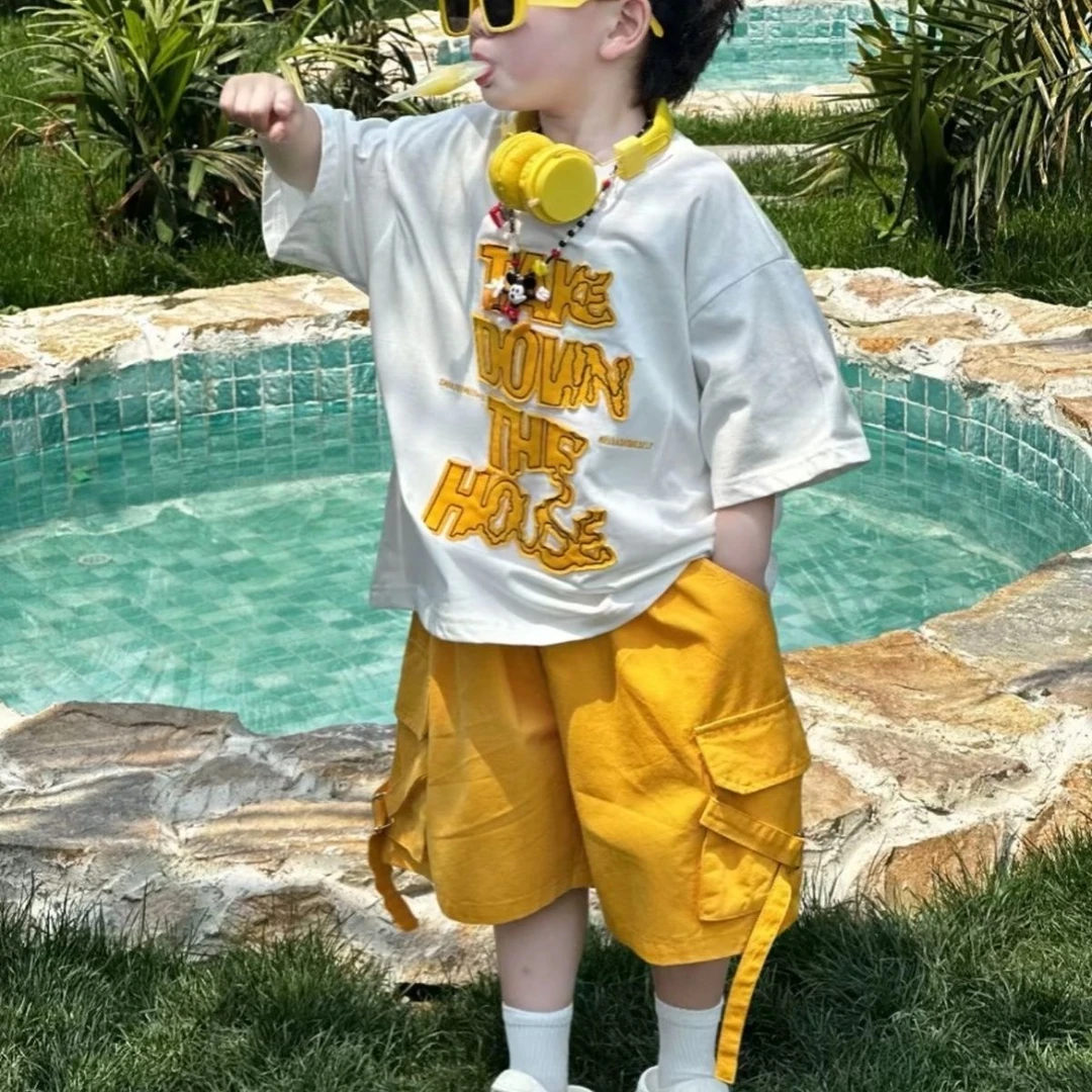 男童套装夏季韩版新款儿童宽松薄款短袖+黄色工装裤两件套潮 BB