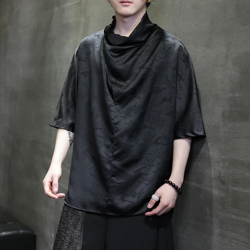 山本风堆堆领冰丝T恤男短袖夏季薄款宽松暗黑系新中式速干上衣服