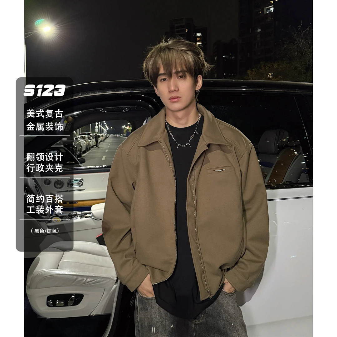聪明陈潮牌复古春季夹克外套男美式高级感痞帅休闲百搭翻领