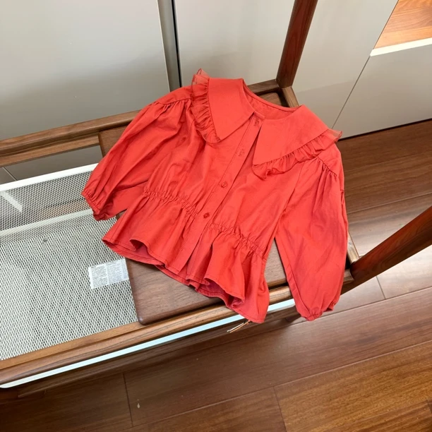 【编号Q800】A8305-21-儿童网纱花边娃娃领衬衫砖红-CH