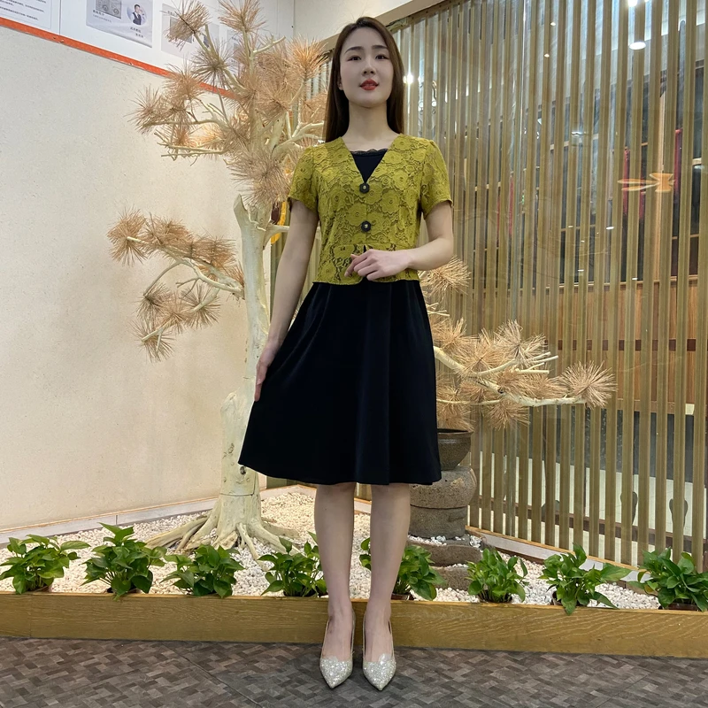 新款2025夏季拼接短袖印花假两件连衣裙女时尚气质蕾丝