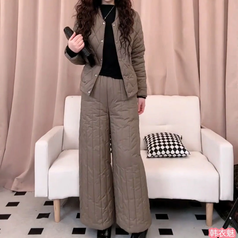 秋季新款时尚减龄阔腿裤棉服套装女洋气欧美风妈妈装两件套