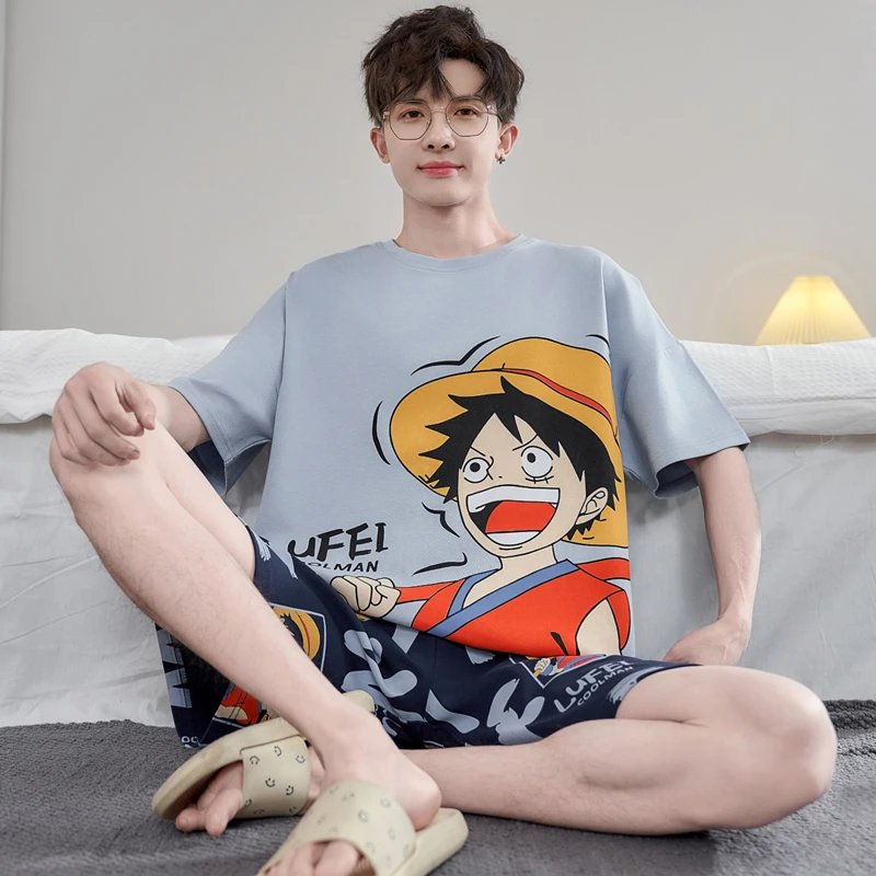 睡衣男夏季纯棉短袖卡通学生青少年夏天全棉大码可外穿家居服奥装