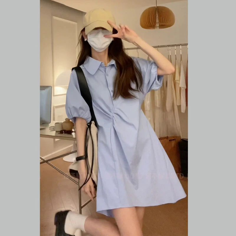 大码女装法式泡泡袖衬衫裙蓝色设计感甜美短款连衣裙