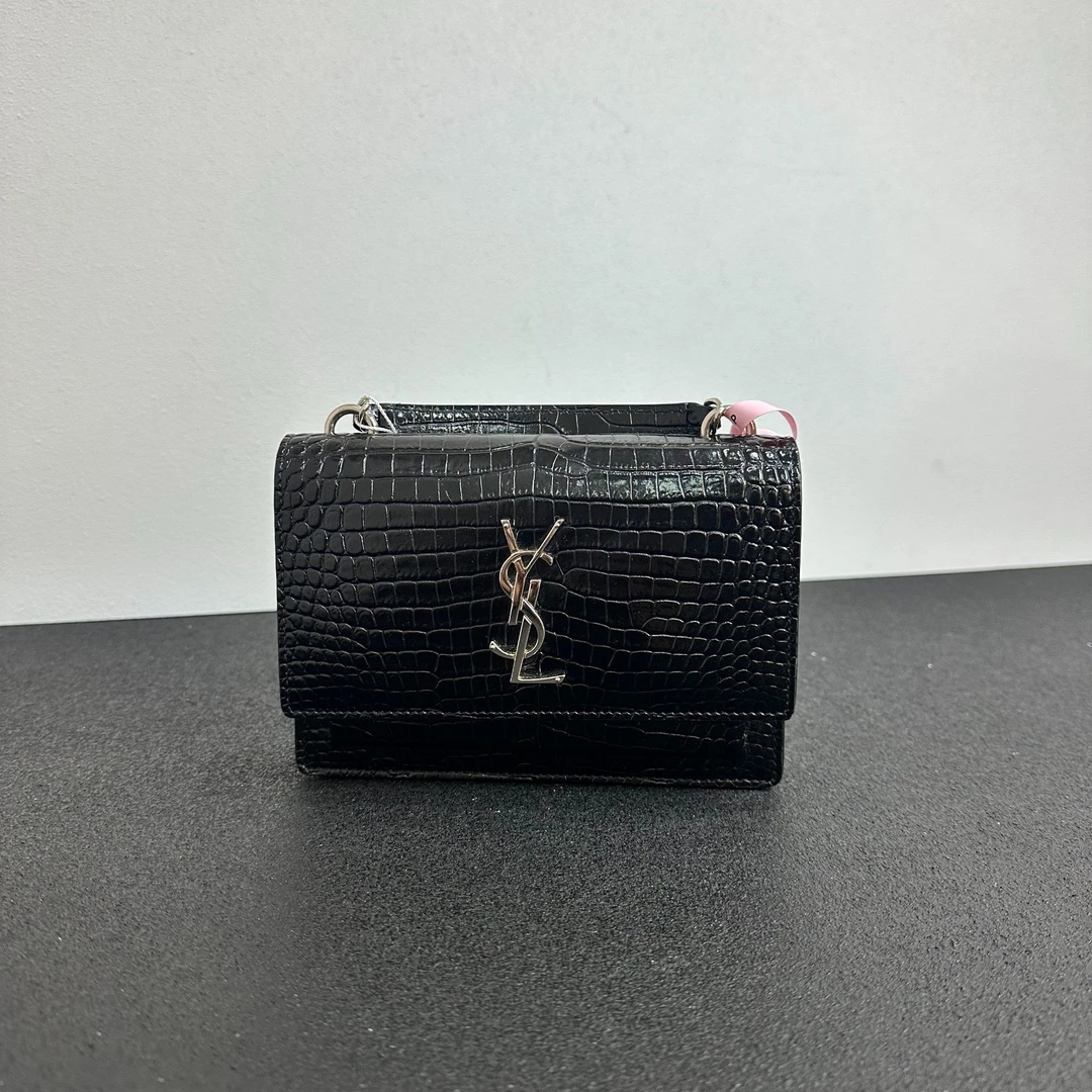 99新 YSL/圣罗兰 壹所奢品/YSL 日落手提 鳄压纹 小号 黑银