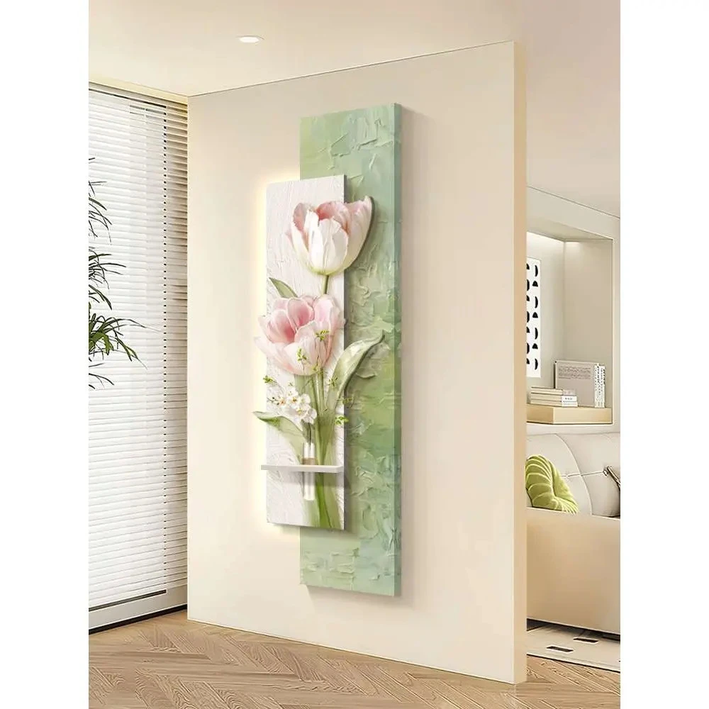 奶油风入户玄关装饰画带灯郁金香花卉立体高级感走廊过道感应挂画
