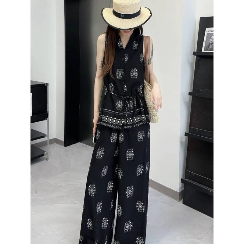 【法式静奢】韩国单！2025夏季轻奢风时尚百搭阔腿裤套装-FC6199