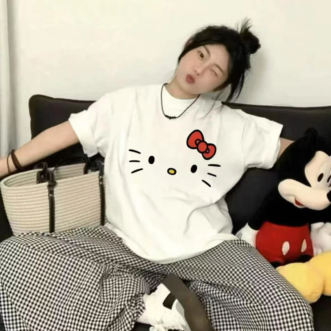 【赠送KT发夹】新款简约kitty猫宽松甜美韩系甜美刺绣圆领短袖T恤