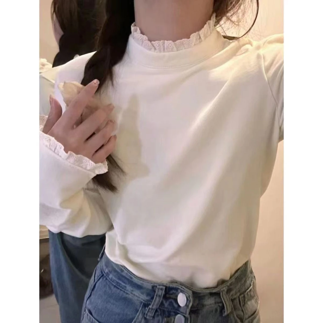 女童半高领打底衫2024新款秋冬内搭儿童洋气蕾丝花边长袖T恤上衣