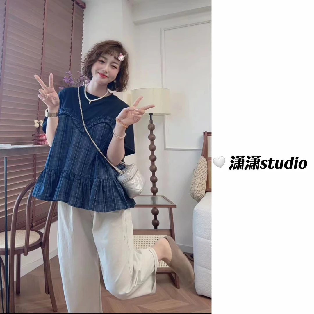 【洛可少女】【遮肚子】【遮屁股】潇潇自制拼接格子面料半袖T恤XS2482