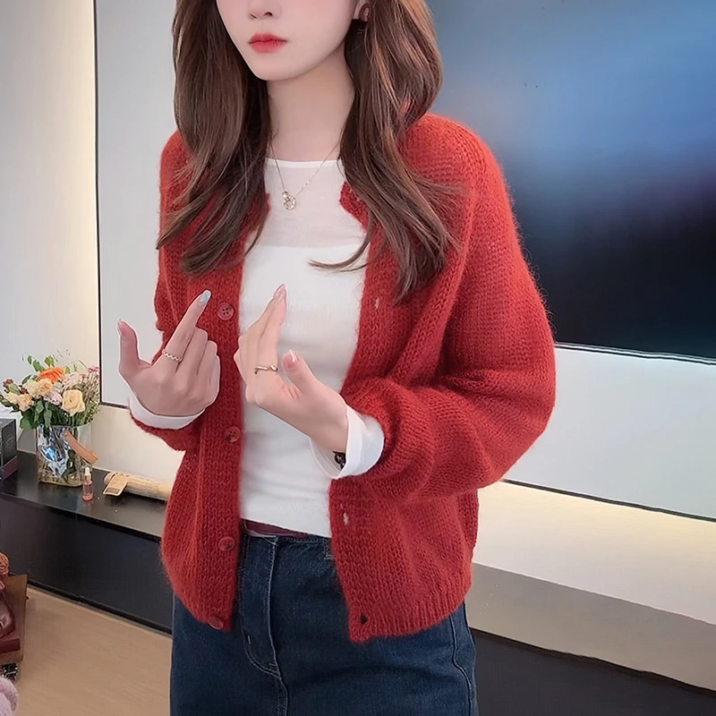 女士红色马海毛毛衣外套秋季慵懒风软糯减龄宽松显瘦针织开衫上衣
