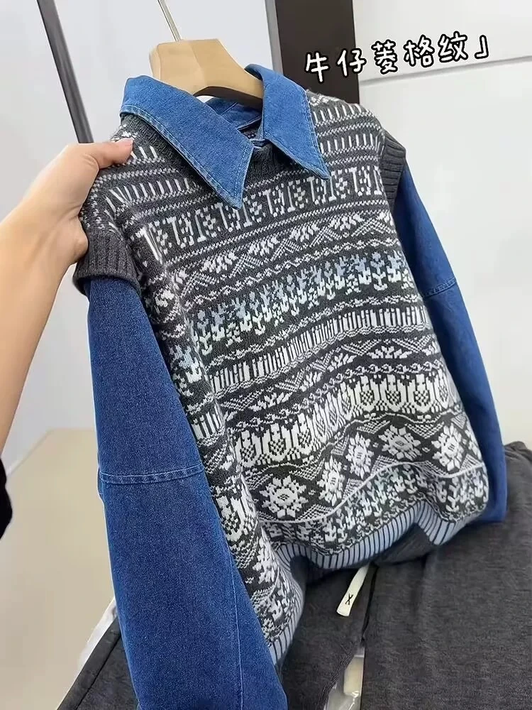 【运费补贴】复古撞色提花软糯牛仔菱格纹假两件上衣女新款小衫A616