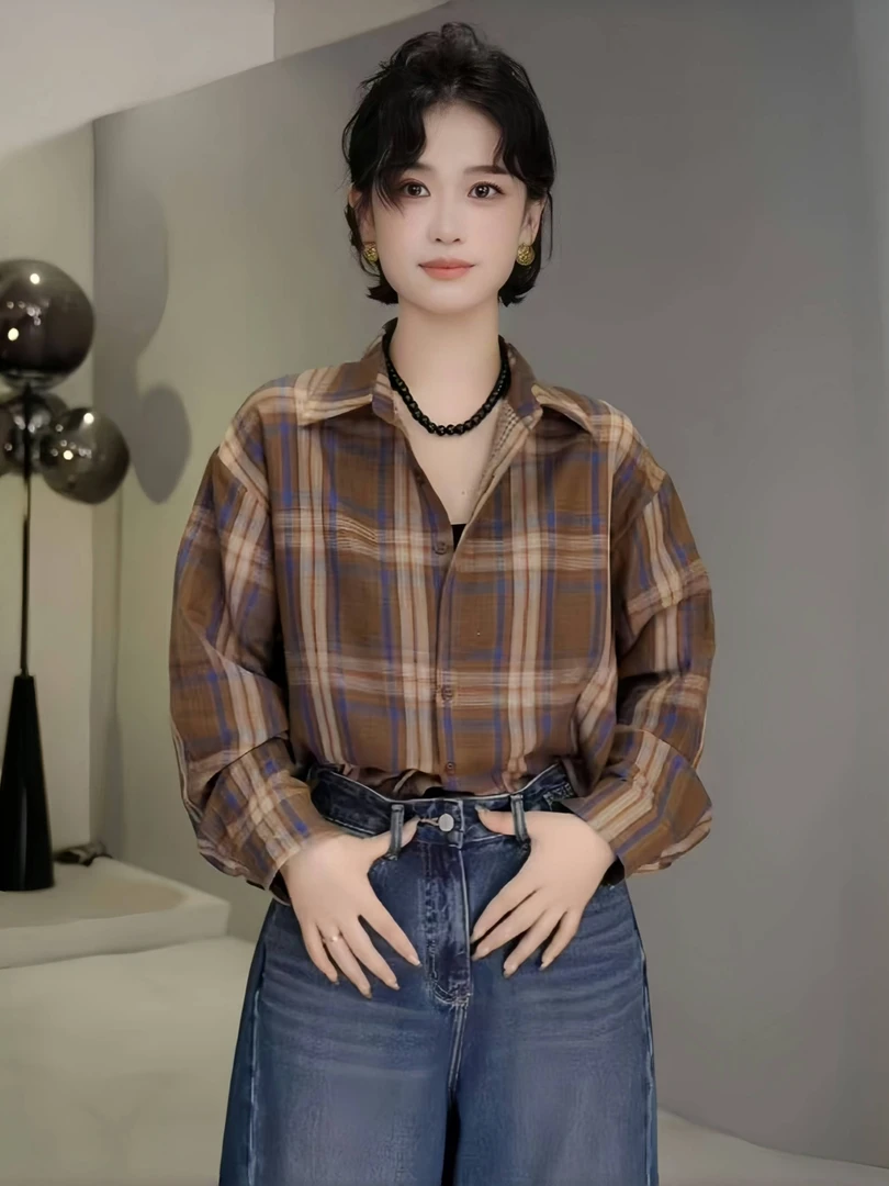 休闲复古翻领撞色格子条纹衬衫女2025早秋新款宽松百搭叠穿上衣潮