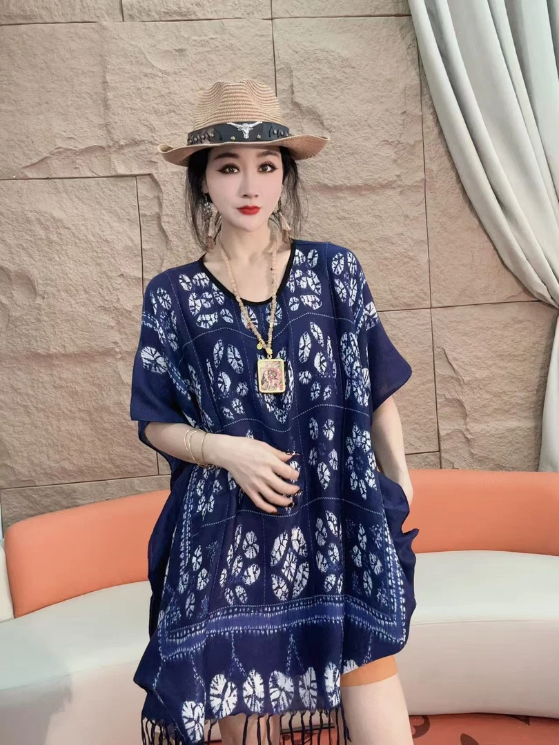 604（安言服饰）民族风短袖印花格子圆领透气T恤百搭中长款显瘦休闲