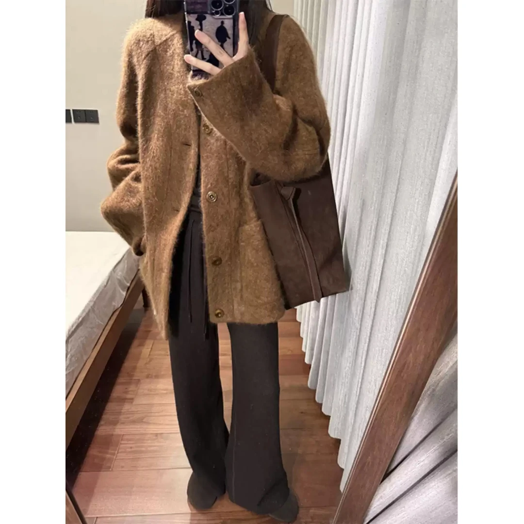 韩版复古v领毛呢外套女秋冬新款高级感宽松气质加厚夹棉呢子大衣