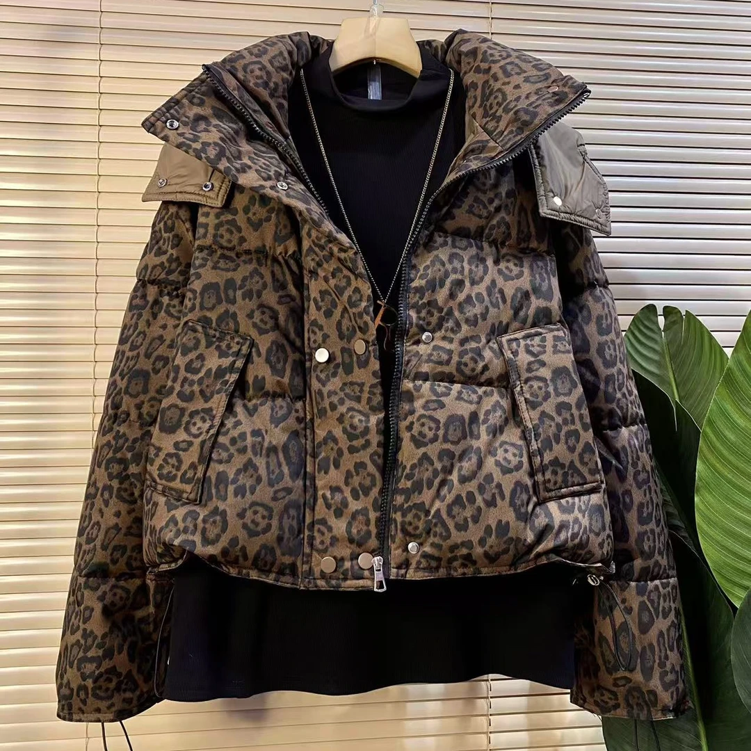 F胖mm欧货时尚新款潮流豹纹设计款减龄显瘦棉服外套