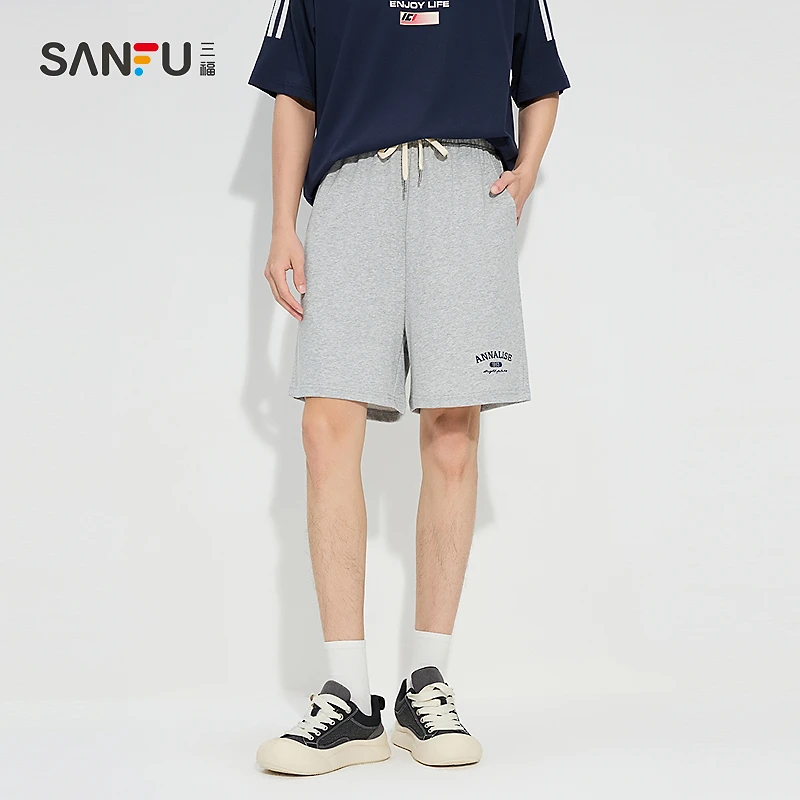 三福男夏季学院风英文刺绣沙滩裤 时尚潮搭宽松短裤卫裤498080
