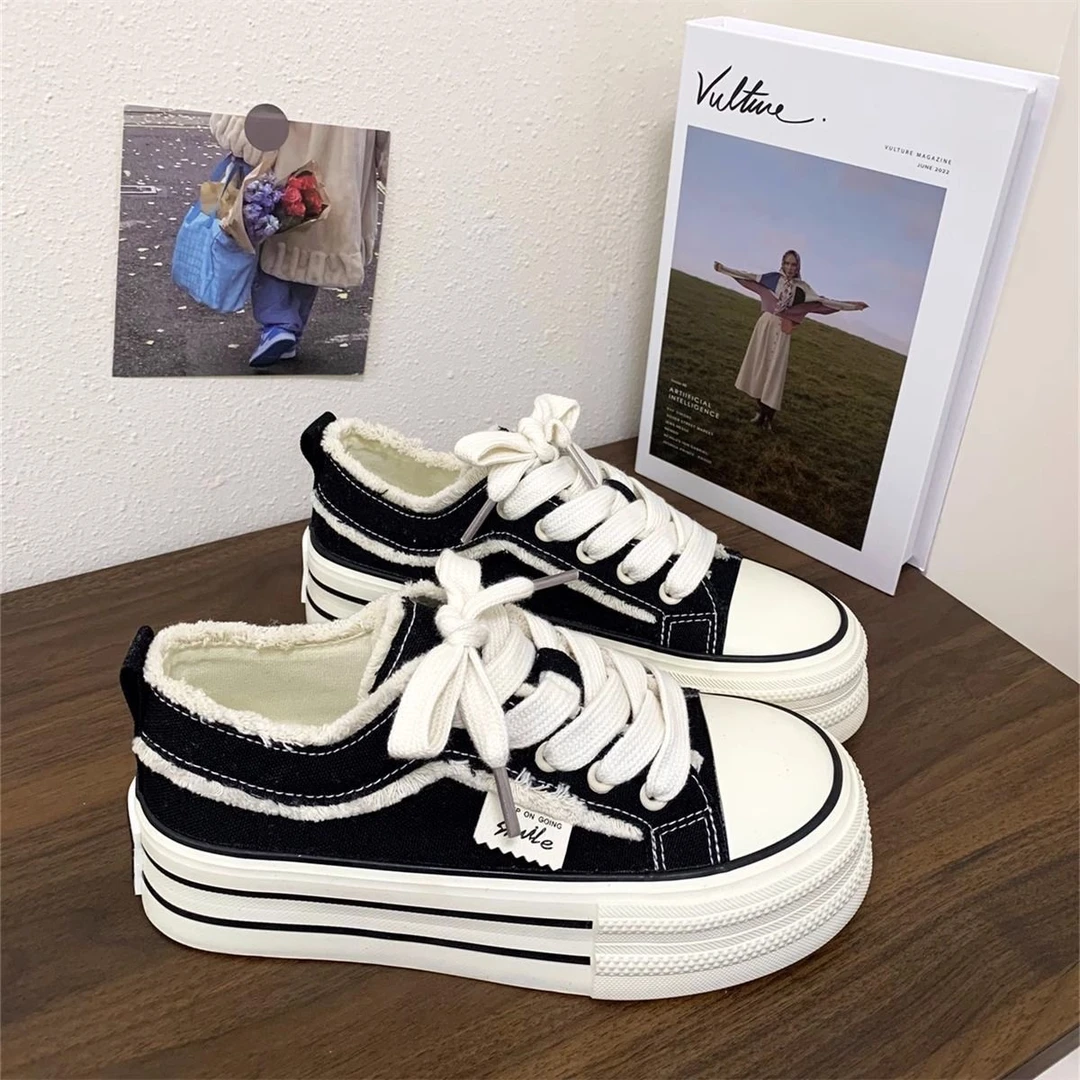 E-32百搭布鞋帆布鞋丑萌拼色帆布女鞋厚底女鞋小众休闲