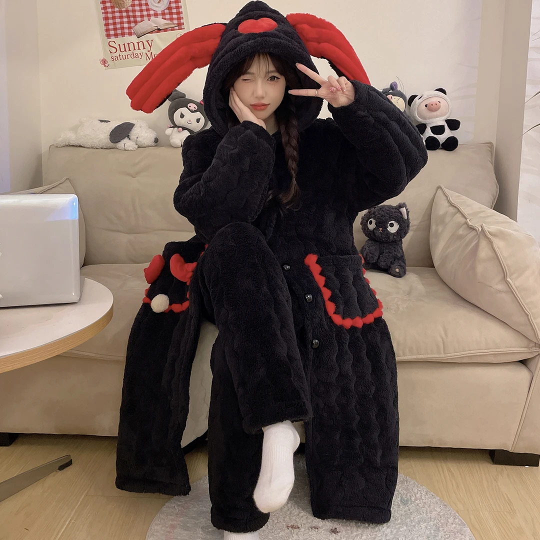 【黑天使08长袍冬季新款袍套睡衣】三层加厚加绒夹棉睡衣套装可外穿