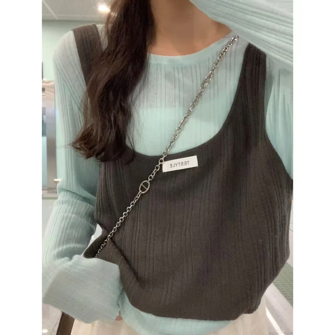 佳儿呀～韩女穿搭 撞色显瘦假两件针织上衣3095