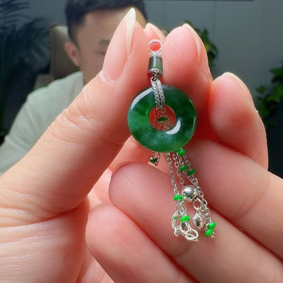 烟***渺翡翠18K金镶嵌吊坠(赠链)天然