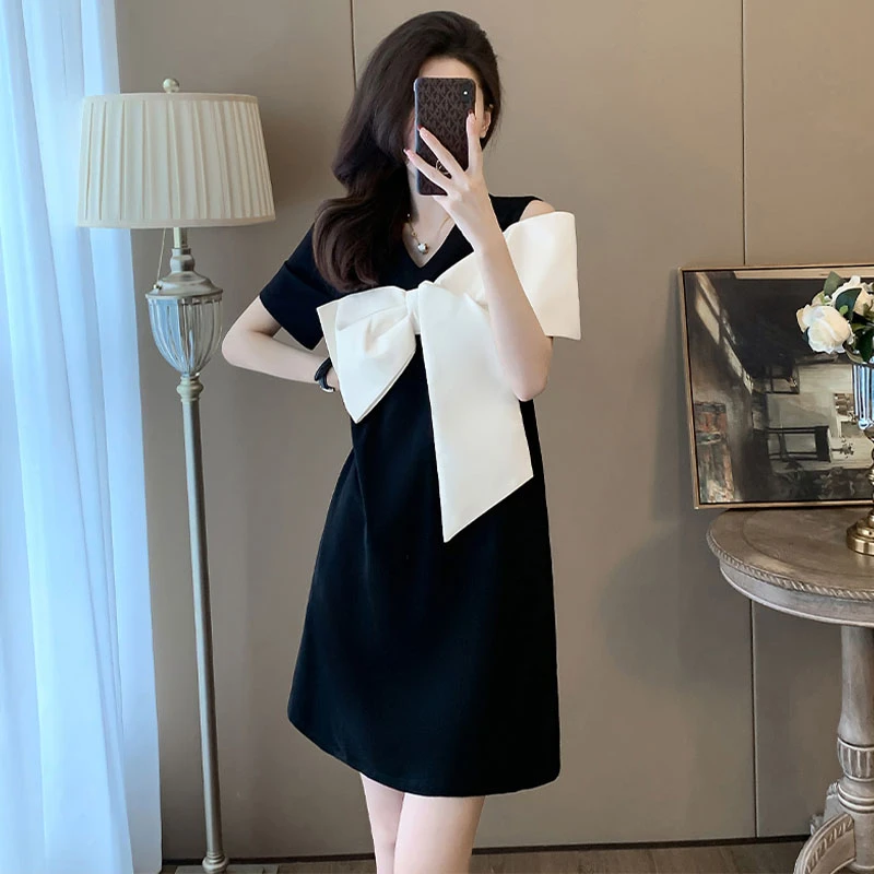高含棉法式时尚连衣裙女夏装小香风气质名媛显瘦遮肉短袖小黑裙子
