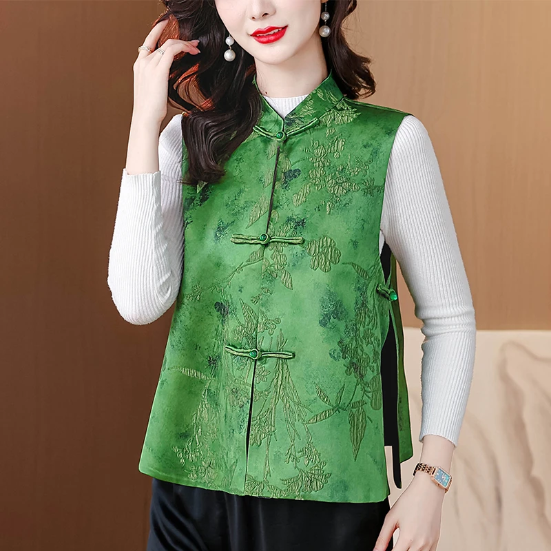新中式马甲女款外穿2025新款妈妈装复古提花绿色背心洋气高贵上衣