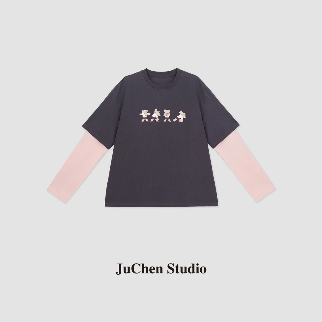 “我爱运动”可爱小象童趣印花撞色假两件圆领长袖上衣T恤 SS113290